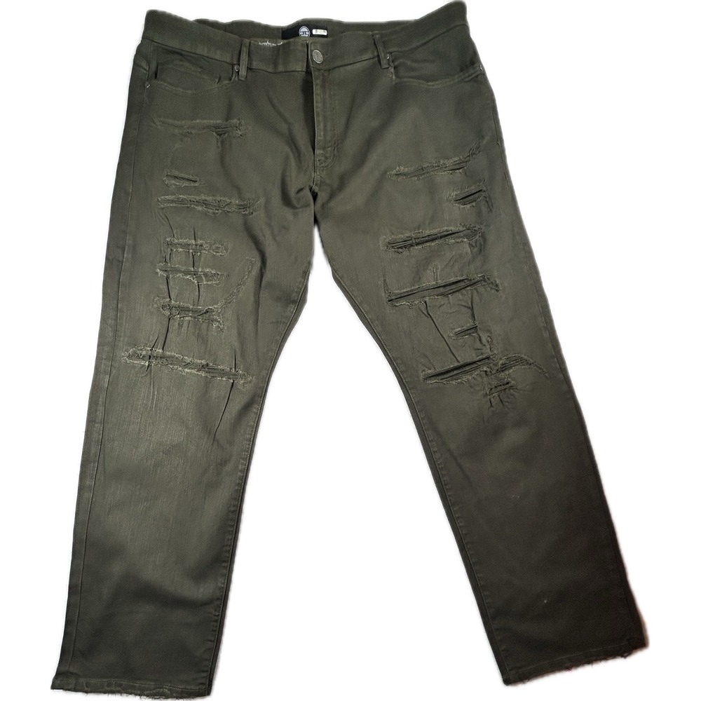 Jordan Craig Collins Jeans Mens 44x32 Olive Green Wax Distressed Rip Streetwear
